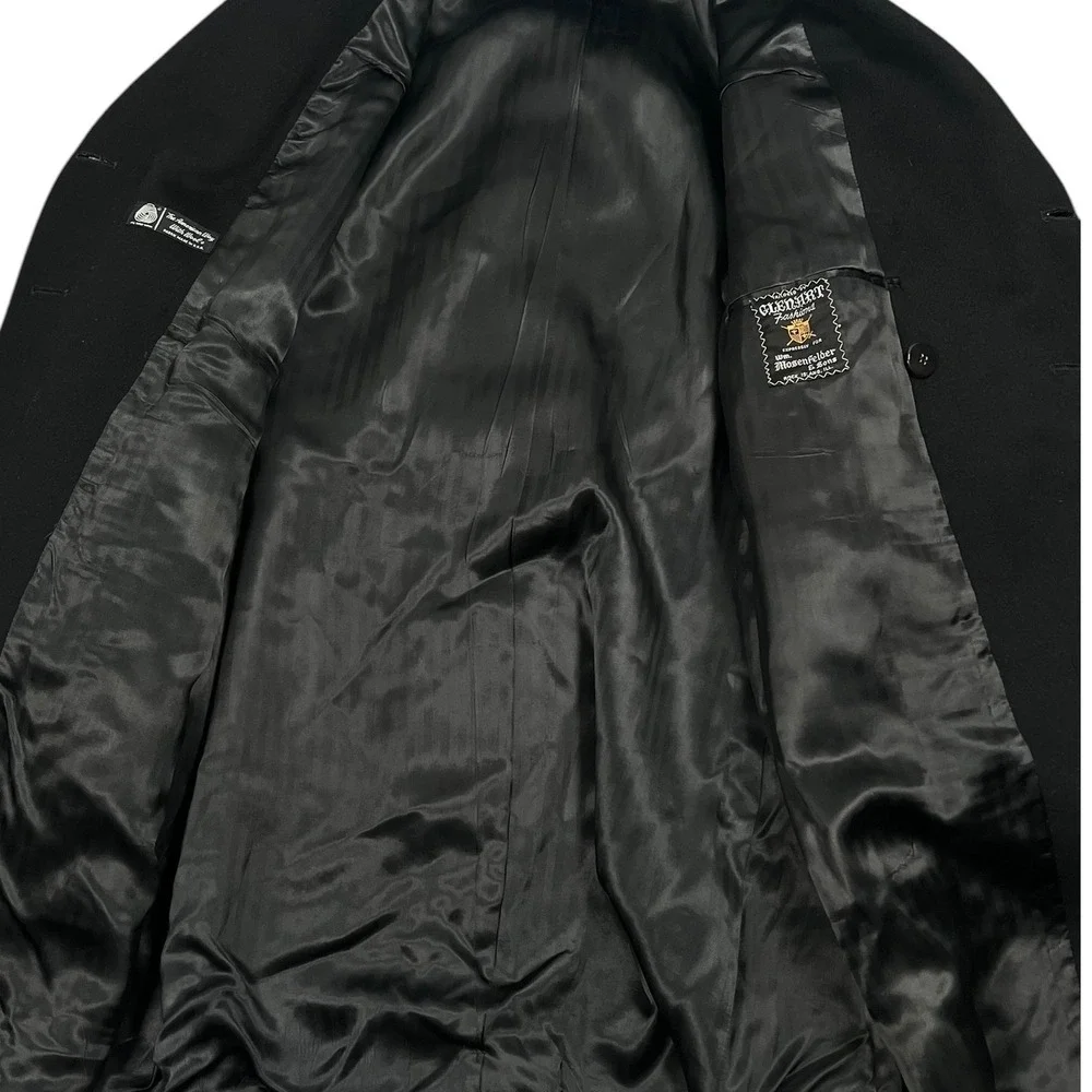 Glenart Fashions 1970s Overcoat Mens Black Pure Wool Double Breasted Vintage 44R